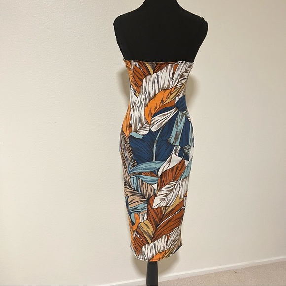 Tropical mistyrose Vacation Multicolor Leaf Print Midi Dress Sz Medium Stretchy - Picture 5 of 9